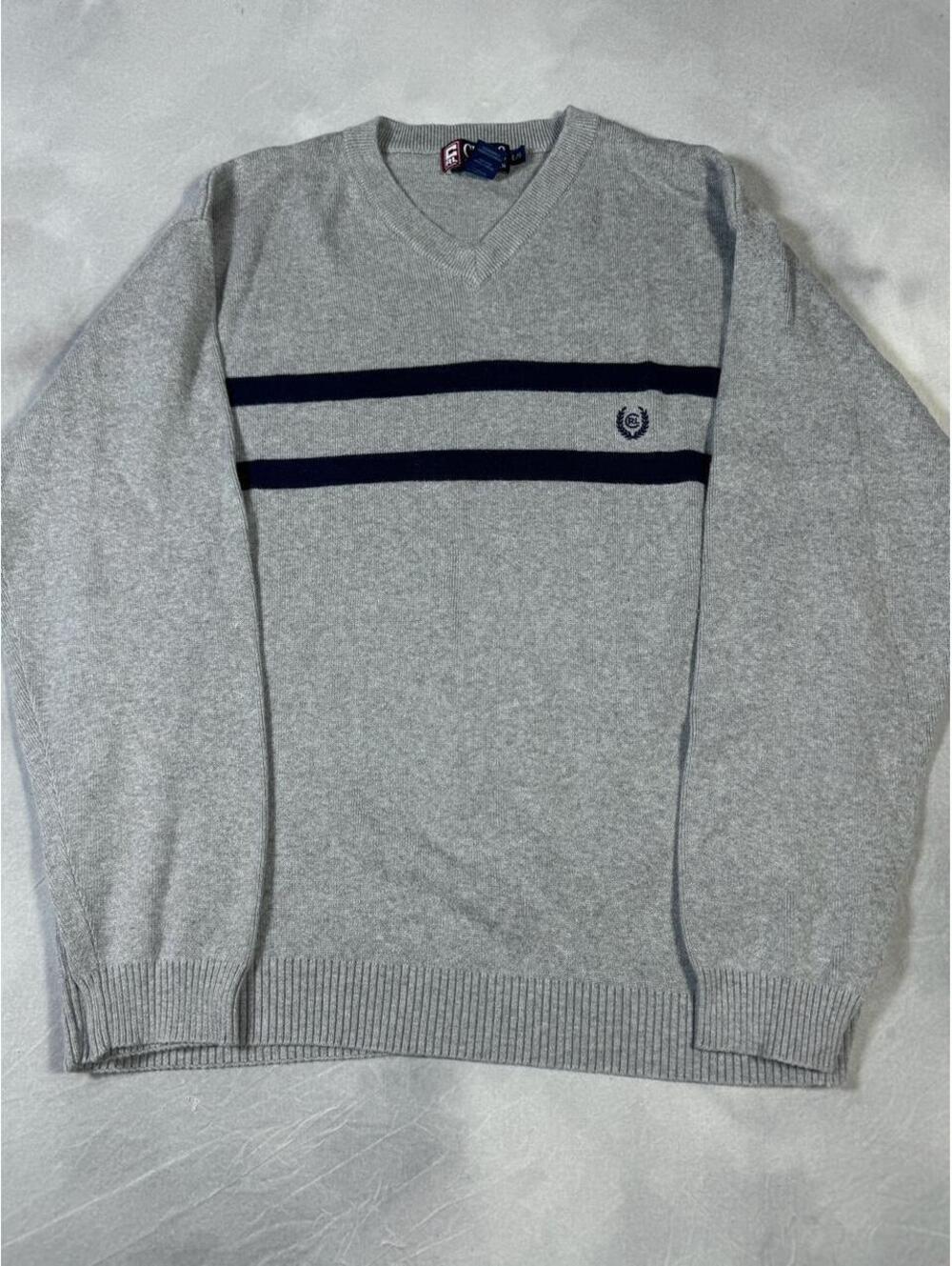 Vintage late 90s Chaps Ralph Lauren V-Neck Sweater Gray Navy Stripe Men’s Large